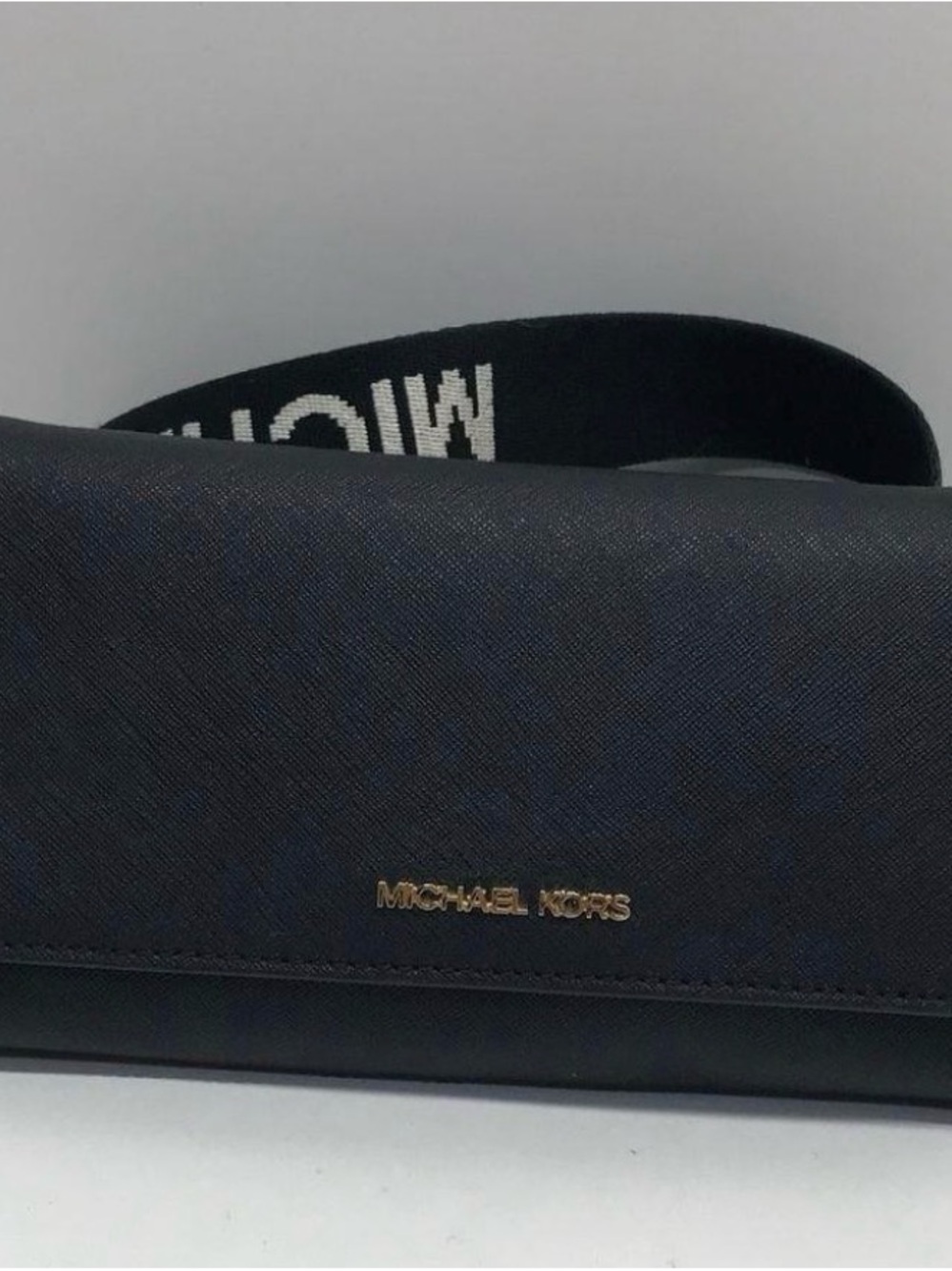 Michael Kors Black Leather Crossbody Bag with Branded Strap and Gold Logo